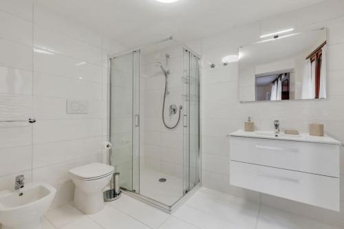 e bagno con doccia, servizi igienici e lavandino. di Piazza San Marco Cozy Apartment x4 a Venezia