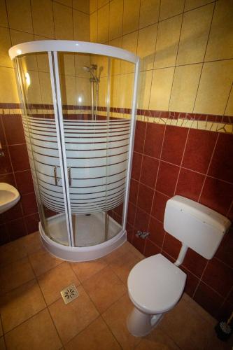 a bathroom with a toilet and a glass shower at Radics Panzió Étterem és Pihenő Központ in Letenye