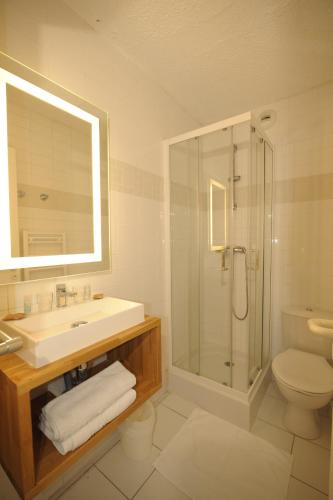 une salle de bain avec un lavabo, une douche et des toilettes dans l'établissement ULVF les Ramondies, à Saint-Lary-Soulan