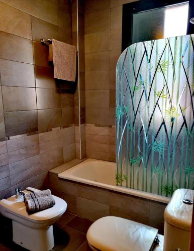 a bathroom with a tub and a toilet and a shower at Mirador del Lago in Córdoba