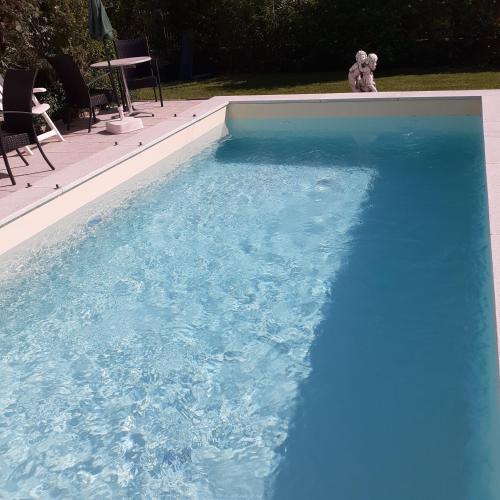 a teddy bear sitting on the edge of a swimming pool at Reitbergs Nest in Eugendorf