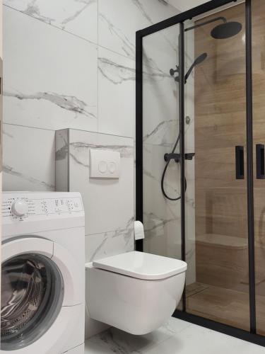 a white bathroom with a toilet and a shower at Apartments Santos in Vrsar