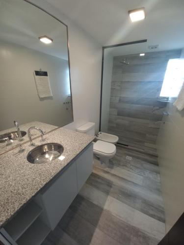 a bathroom with a toilet and a sink and a mirror at Marqués de Tojo Urbano in San Salvador de Jujuy
