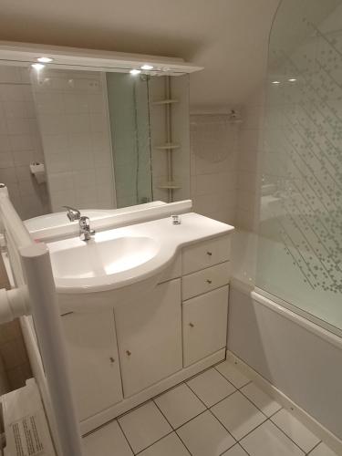 ein Badezimmer mit einem Waschbecken, einem Spiegel und einer Badewanne in der Unterkunft Appartement au coeur de Luchon in Luchon