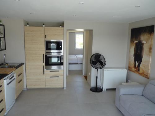 un salon avec un canapé et une cuisine dans l'établissement Sol-y-Days Darse, Superbe appartement de type Marina avec belle terrasse vue port de plaisance, au Grau-du-Roi