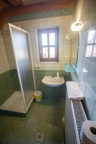a bathroom with a shower and a sink and a toilet at Radics Panzió Étterem és Pihenő Központ in Letenye