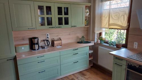 a kitchen with green cabinets and a counter top at Appartement mit Herz in Zeulenroda