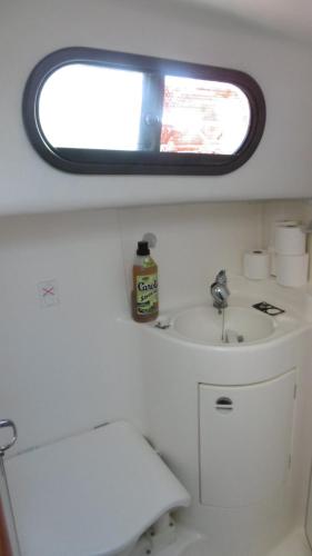 a bathroom with a sink and a toilet and a mirror at Bateau 6 personnes sans permis terrasse à quai in Béziers
