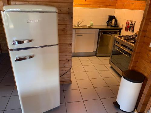 um frigorífico branco numa cozinha com um fogão em Ride by the Sea Guesthouse em Koudekerke