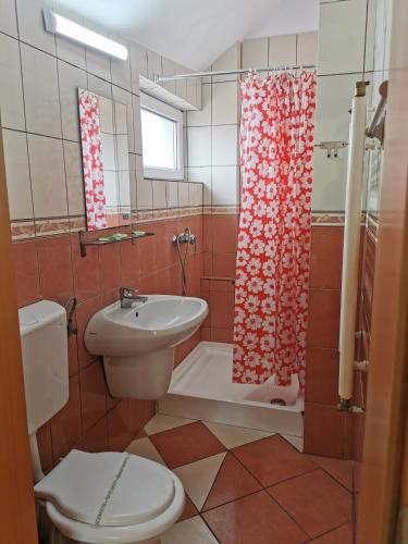a bathroom with a toilet a sink and a shower at PENSIUNEA HORA in Braşov