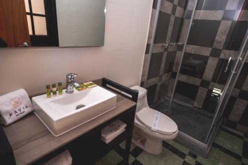 a bathroom with a sink and a shower and a toilet at Hotel La Nacional By Kavia in Mérida