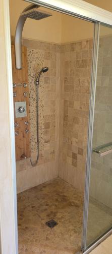 une salle de bain avec une douche avec une porte vitrée dans l'établissement La Clé des champs, Le Domaine de Brugal, à Carsac-Aillac