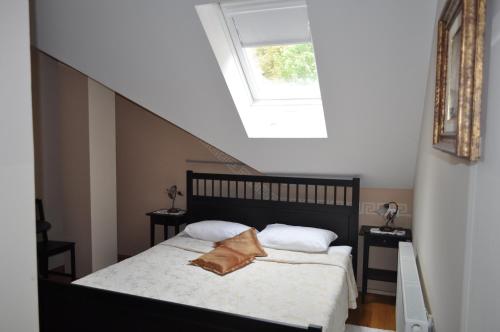 a bedroom with a bed with a skylight at Grobelnik Tourist Farm in Sevnica
