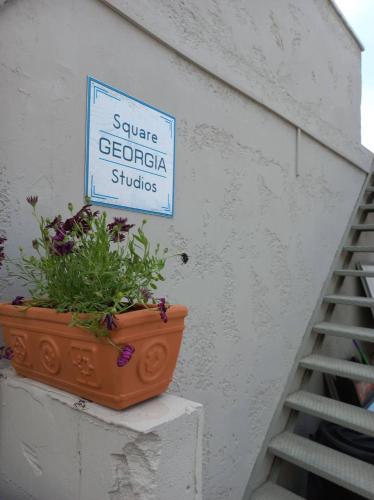 a sign on the side of a building with a flower pot at Square Studios Georgia in Matala