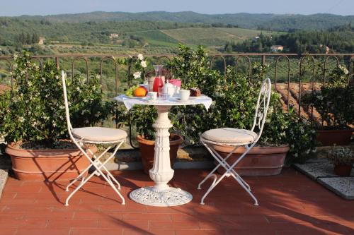 a table and two chairs on a patio with a view at Le Terrazze Del Chianti b&b Residenza d'Epoca e di Charme in Tavarnelle in Val di Pesa