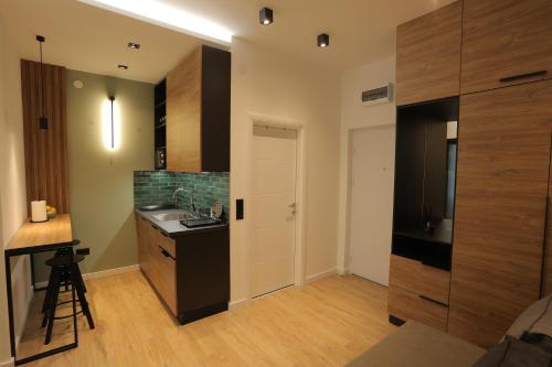 una piccola cucina con lavandino e bancone di Bonanza Apartments a Niš