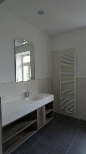 y baño con lavabo blanco y espejo. en Uta von Ballenstedt, en Ballenstedt