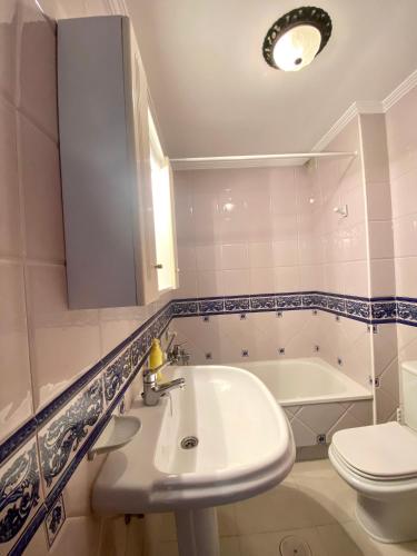 a bathroom with a sink and a toilet and a tub at Piso Os Pazos in Cambados