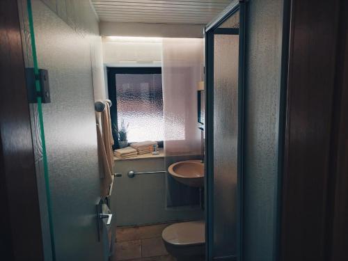 a small bathroom with a sink and a toilet at Maison Mellie in Oberhausen