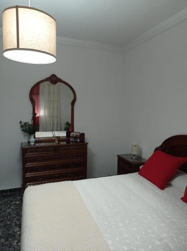 Schlafzimmer mit einem Bett, einer Kommode und einem Spiegel in der Unterkunft Casa en casco urbano de Riogordo in Ríogordo