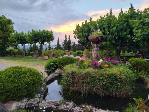 un jardín con una fuente y un estanque con flores en Masia Sagués, en Poblet