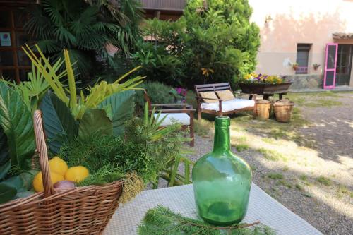 a green bottle sitting on a table with a basket of fruit at Masia Sagués in Poblet