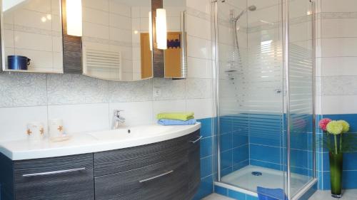 La salle de bains est pourvue d'un lavabo et d'une douche. dans l'établissement Haus OF, à Binz