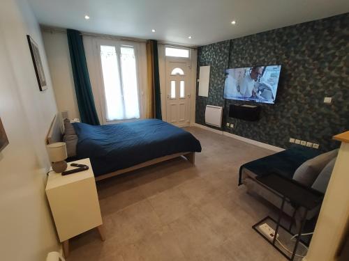 ein Schlafzimmer mit einem Bett, einem TV und einem Sofa in der Unterkunft Studio Autonome Cosy à Paris CDG in Vaudherland