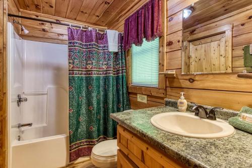 ein Badezimmer mit Waschbecken, Toilette und Dusche in der Unterkunft Brother Bear, Free Attraction Tickets, Hot Tub, WIFI!!! in Sevierville