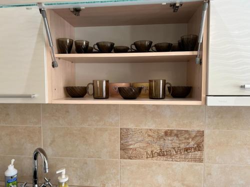 a kitchen shelf with bowls on it next to a sink at VIP апартаменти ЦЕНТР in Rivne