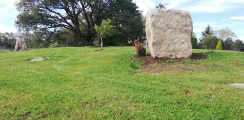 a person standing next to a large rock in a field at ty dreux entre terre et mer in Saint-Thégonnec