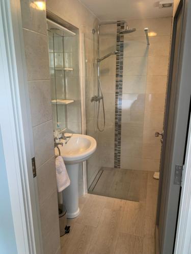 a bathroom with a shower and a sink at Mountain View Apartment in Killarney