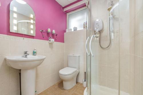 a bathroom with a toilet and a sink and a shower at The Friendly Room in Austwick