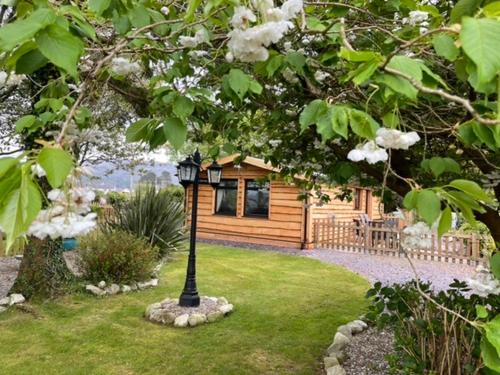 a lamp post in a yard with a log cabin at Snowdonia cabin in Caernarfon