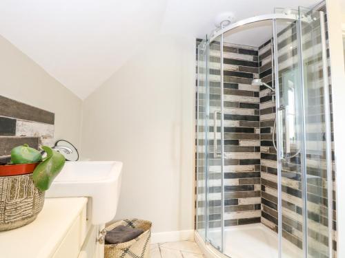 a bathroom with a shower and a sink at The Hermitage in Holt