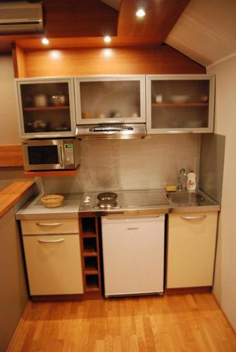 a small kitchen with a stove and a microwave at Car Royal Apartments and Rooms in Novi Sad