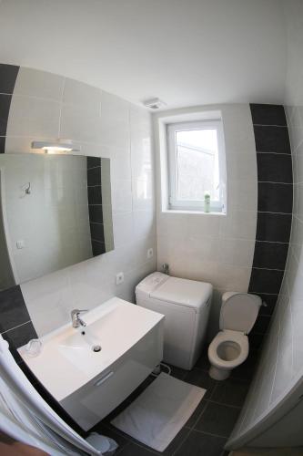 La salle de bains est pourvue d'un lavabo, de toilettes et d'un miroir. dans l'établissement GAUTIER 3 Etoiles, à Granville