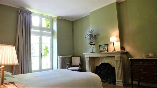 a green bedroom with a bed and a fireplace at Les chambres de l'Abbaye in Caen