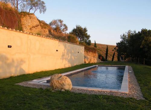 a swimming pool in a yard with a rock in the grass at Holiday home Cielsereno in Radicondoli