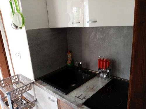 una cucina con lavandino e piano di lavoro nero di Apartman Violeta a Lovran (Laurana)
