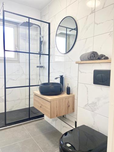 La salle de bains est pourvue d'une douche, d'un lavabo et d'un miroir. dans l'établissement Excellent emplacement: plein cœur de ville, Croisette et rue d’Antibes, à Cannes
