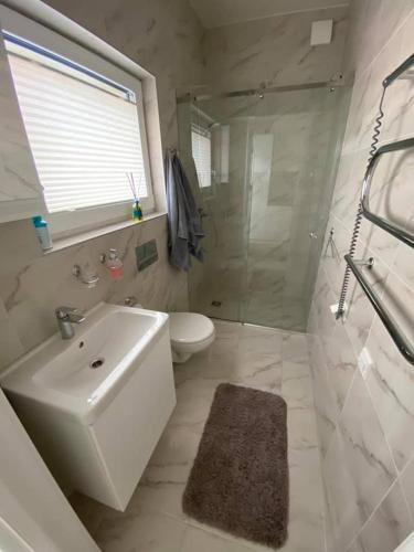 a bathroom with a sink and a shower and a toilet at Sun&Sea in Palanga