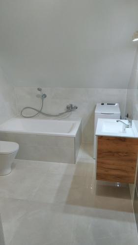 uma casa de banho com uma banheira, um lavatório e um WC. em Apartamenty wakacyjne em Ślesin