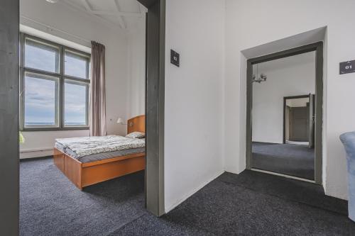a bedroom with a bed and a mirror in it at Zámecký areál Holovousy in Holovousy