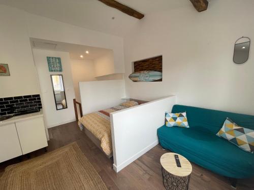 un salon avec un canapé et un lit dans l'établissement The California Dream - hyper-centre - 2mn gare SNCF - WIFI NETFLIX gratuit, à Niort