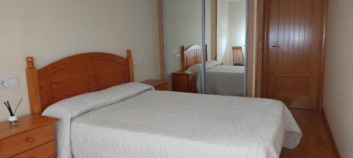 a small bedroom with a bed and a mirror at Vivienda Sierra de San Marcos in Golmayo