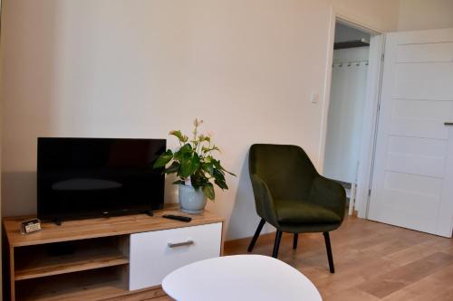 sala de estar con TV y silla verde en Nest Centrum Konin en Konin