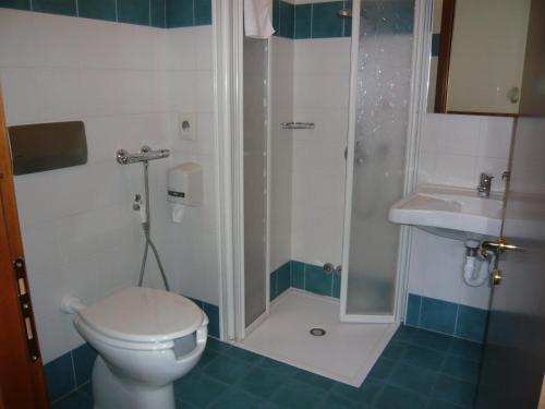 a bathroom with a toilet and a shower and a sink at Hotel Rezia in Sondalo