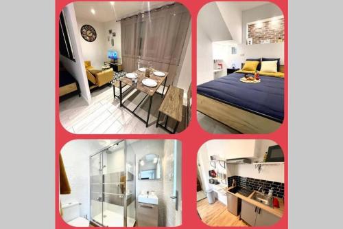 un collage de quatre photos d'une pièce dans l'établissement The New-Yorker - hyper centre- 2mn gare SNCF - Wi-Fi Netflix gratuit, à Niort