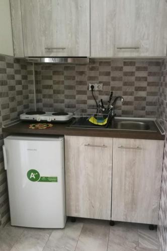 eine Küche mit einer Spüle und einem Kühlschrank in der Unterkunft small booking room in Sarti